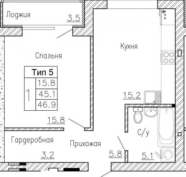 одно комнатная квартира
46.90 кв.м.